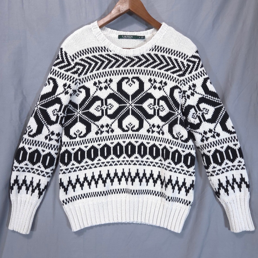 Ralph Lauren Fair Isle Knit Sweater Women M Black White Wool Blend Chunky Nordic